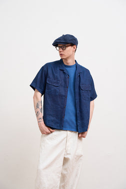 【ナイジェル・ケーボン】MAN / オープンカラーシャツ - リネンインディゴ / OPEN COLLAR SHIRT - LINEN INDIGO
