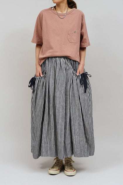 【ナイジェル・ケーボン】WOMAN / リネンストライプギャザースカート / LINEN STRIPE GATHER SKIRT