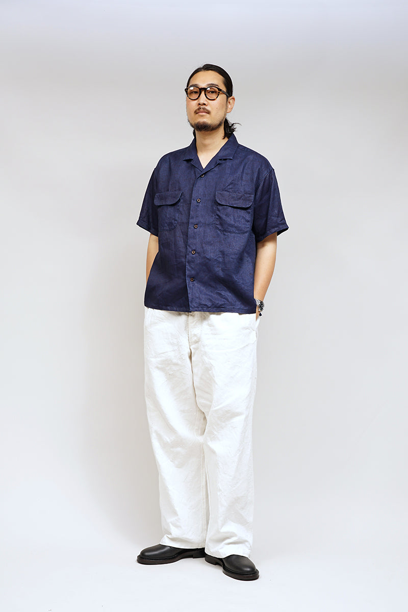 【ナイジェル・ケーボン】MAN / オープンカラーシャツ - リネンインディゴ / OPEN COLLAR SHIRT - LINEN INDIGO