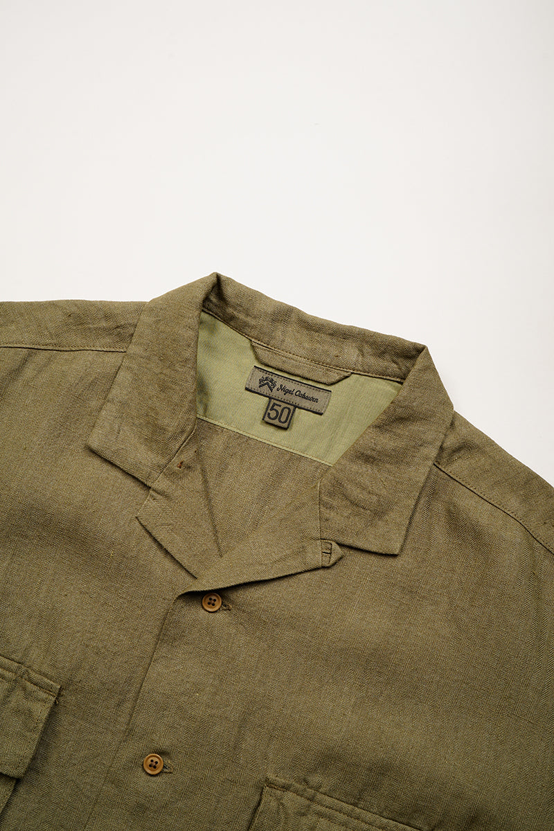 【ナイジェル・ケーボン】MAN / アーミーシャツ ショートスリーブ - リネンヘリンボーンツイル / ARMY SHIRT SHORT SLEEVE - LINEN HERRINGBONE TWILL