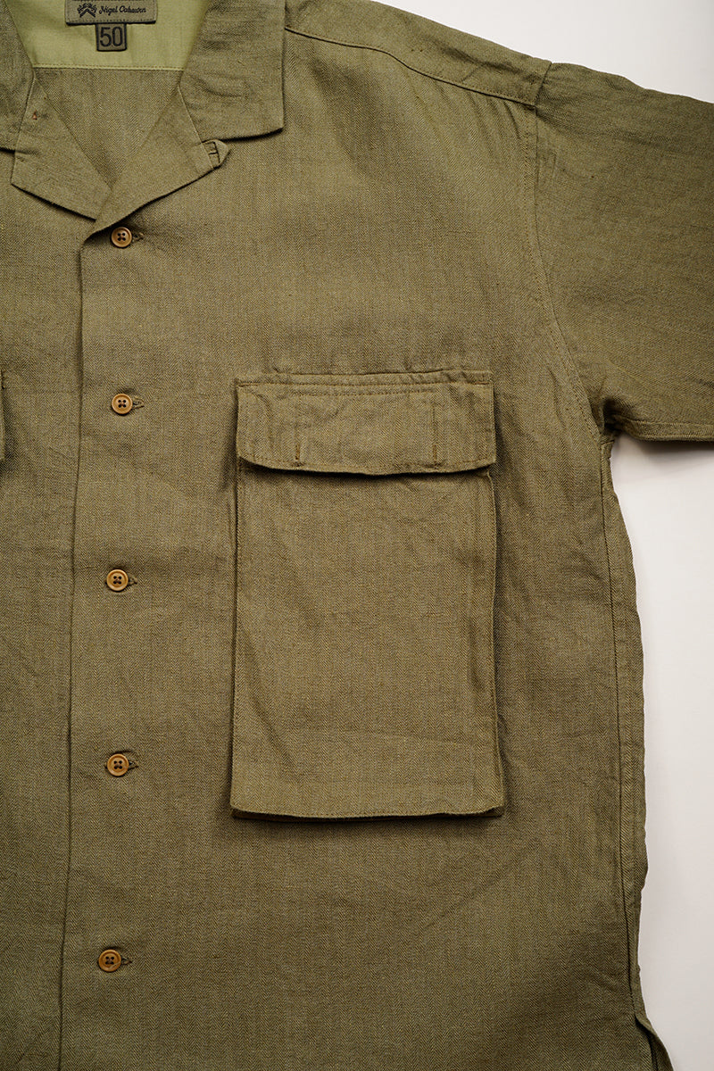 【ナイジェル・ケーボン】MAN / アーミーシャツ ショートスリーブ - リネンヘリンボーンツイル / ARMY SHIRT SHORT SLEEVE - LINEN HERRINGBONE TWILL