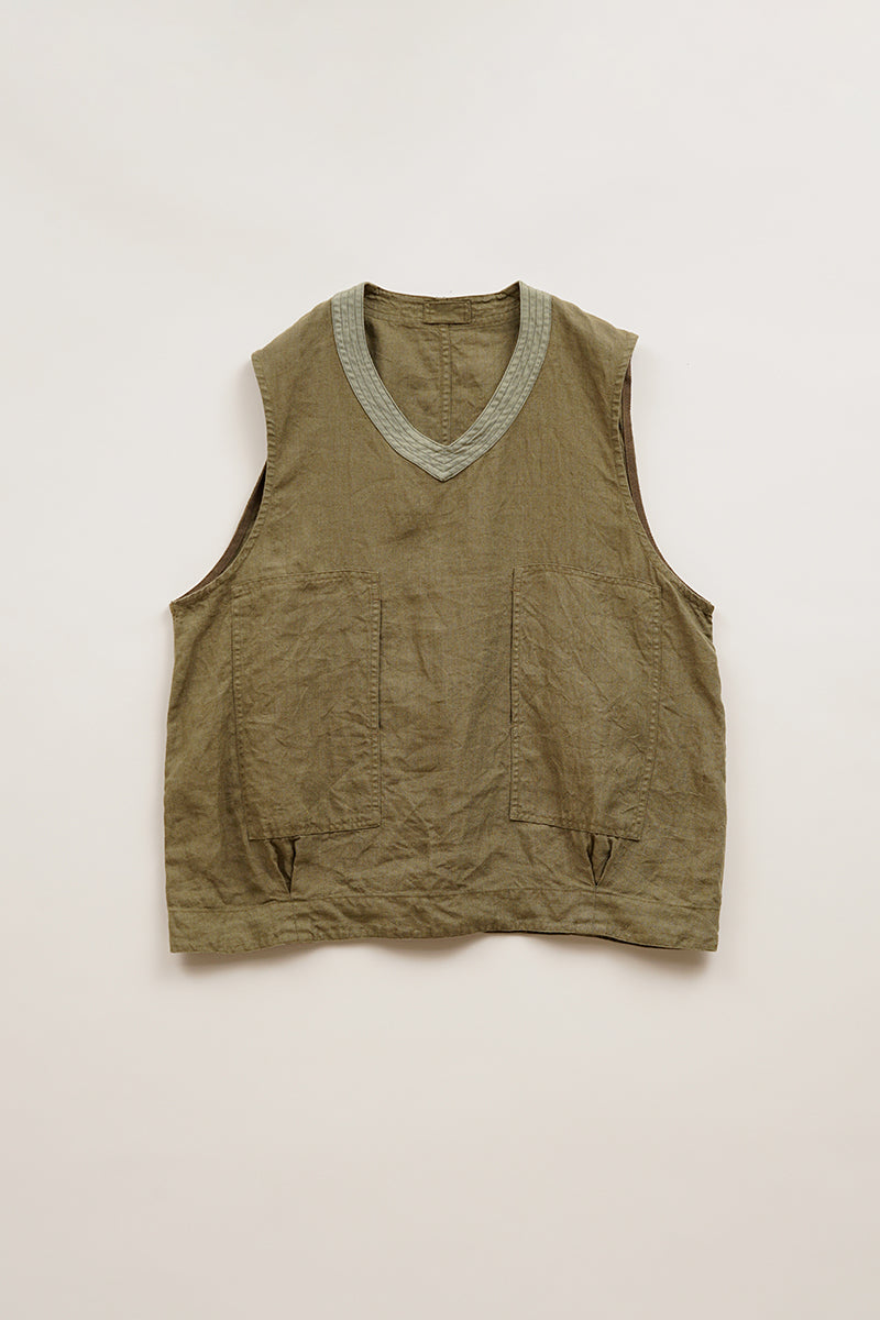 【ナイジェル・ケーボン】MAN / プルオーバーアーミーベスト - リネンヘリンボーンツイル / PULLOVER ARMY VEST - LINEN HERRINGBONE TWILL