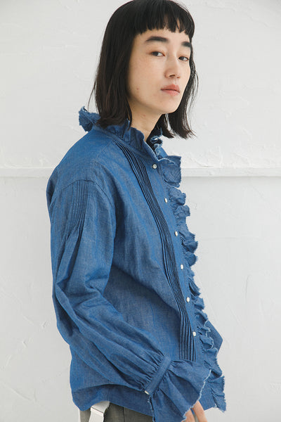 【ナイジェル・ケーボン】WOMAN /　ギャザーカラーブラウス -コットンリネン / GATHER COLLAR BLOUSE C/L