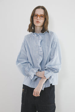 【ナイジェル・ケーボン】WOMAN / ギャザーカラーブラウス - ストライプ / GATHER COLLAR BLOUSE - STRIPE