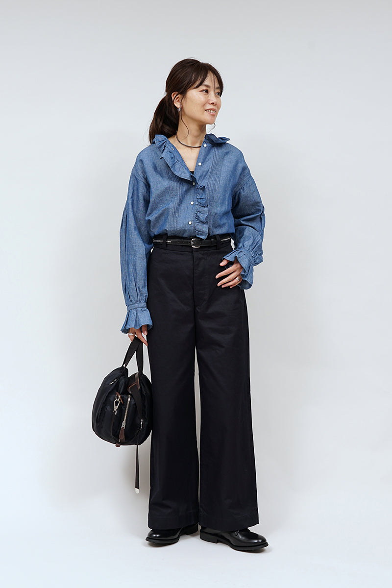 【ナイジェル・ケーボン】WOMAN / ギャザーカラーブラウス - コットンリネン / GATHER COLLAR BLOUSE - COTTONLINEN