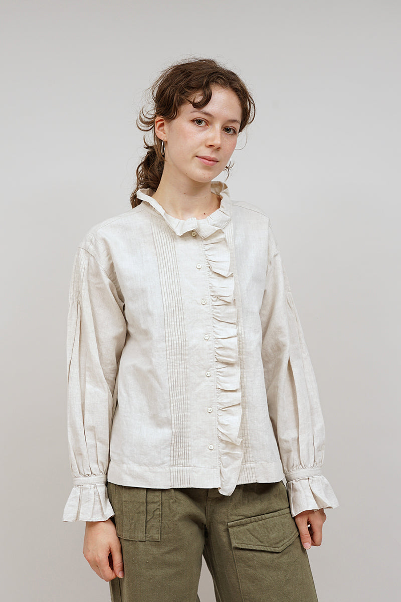 【ナイジェル・ケーボン】WOMAN / ギャザーカラーブラウス - コットンリネン / GATHER COLLAR BLOUSE - COTTONLINEN